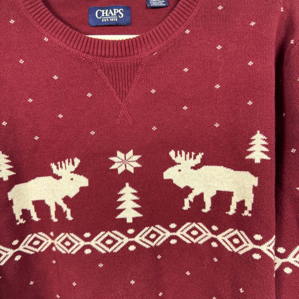 Chaps Mens Holiday Crew Neck Pullover Moose Sweater, Size XL - Picture 2 of 8